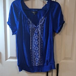 AGB Women's Royal Blue Blouse with White Embroidery
